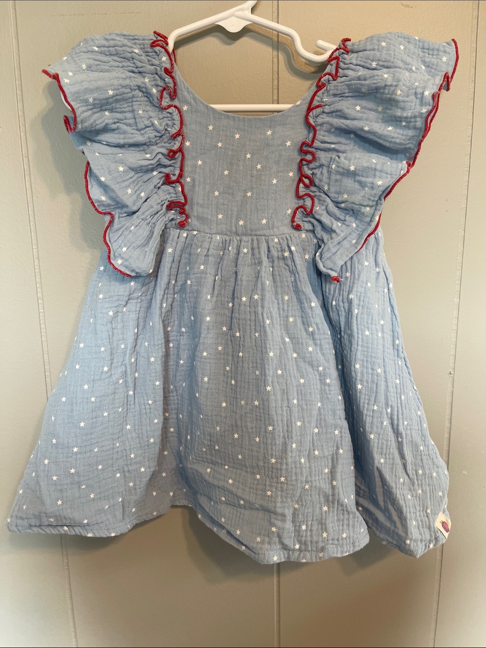 Cheeky Plum Light Blue Star Print Dress with Red Trim